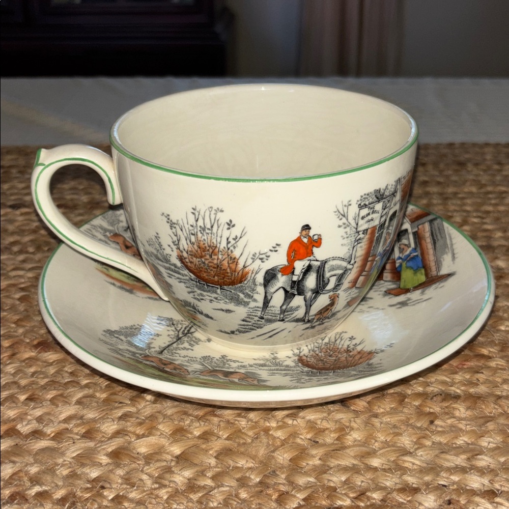 Extra Large Royal Cauldon Tea Cup and Saucer with hunting scene details.